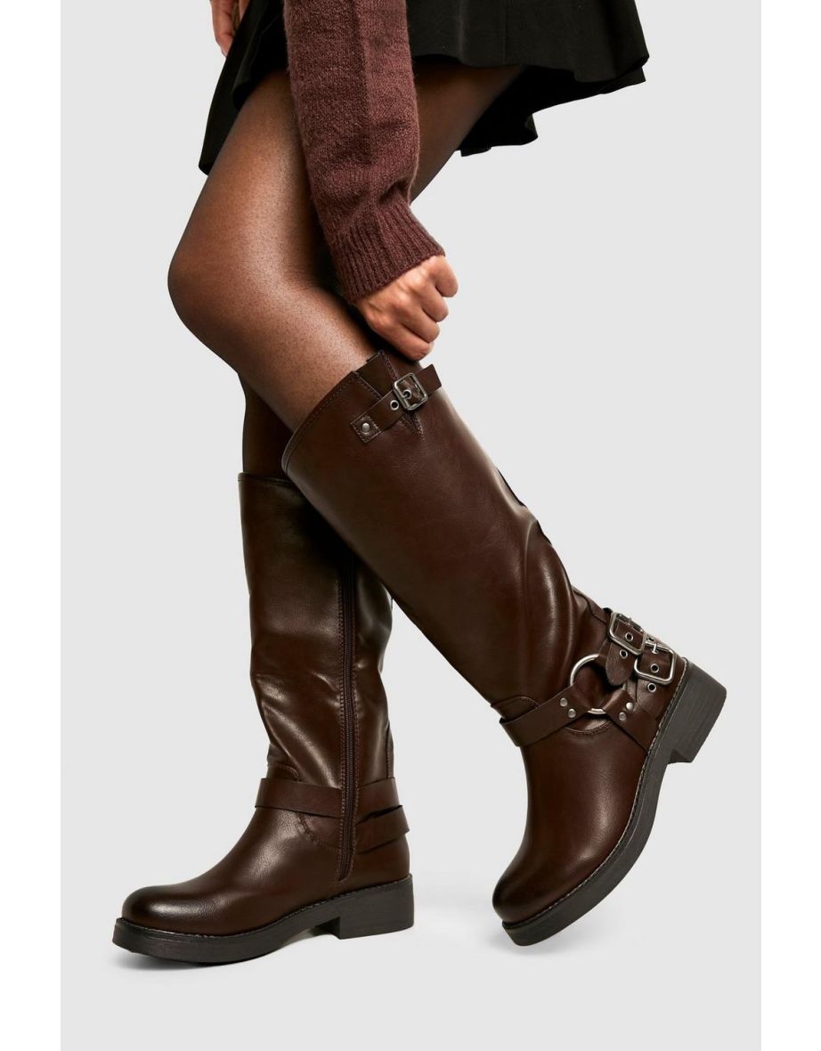 Knee High Buckle Biker Boots - brown