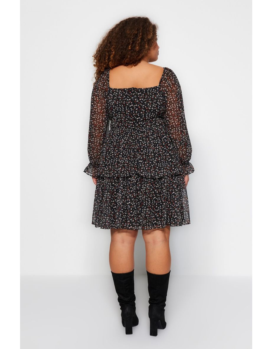 Black Plus Floral Chiffon Column Mini Smock Dress with Long Sleeves - 7