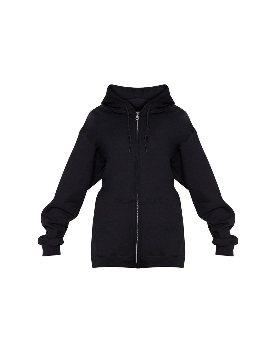 Black Oversized Zip Up Plain Front Hoodie - 4