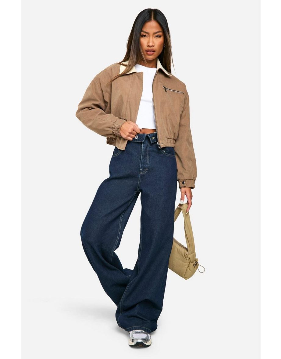 Contrast Collar Cropped Barn Jacket - light brown