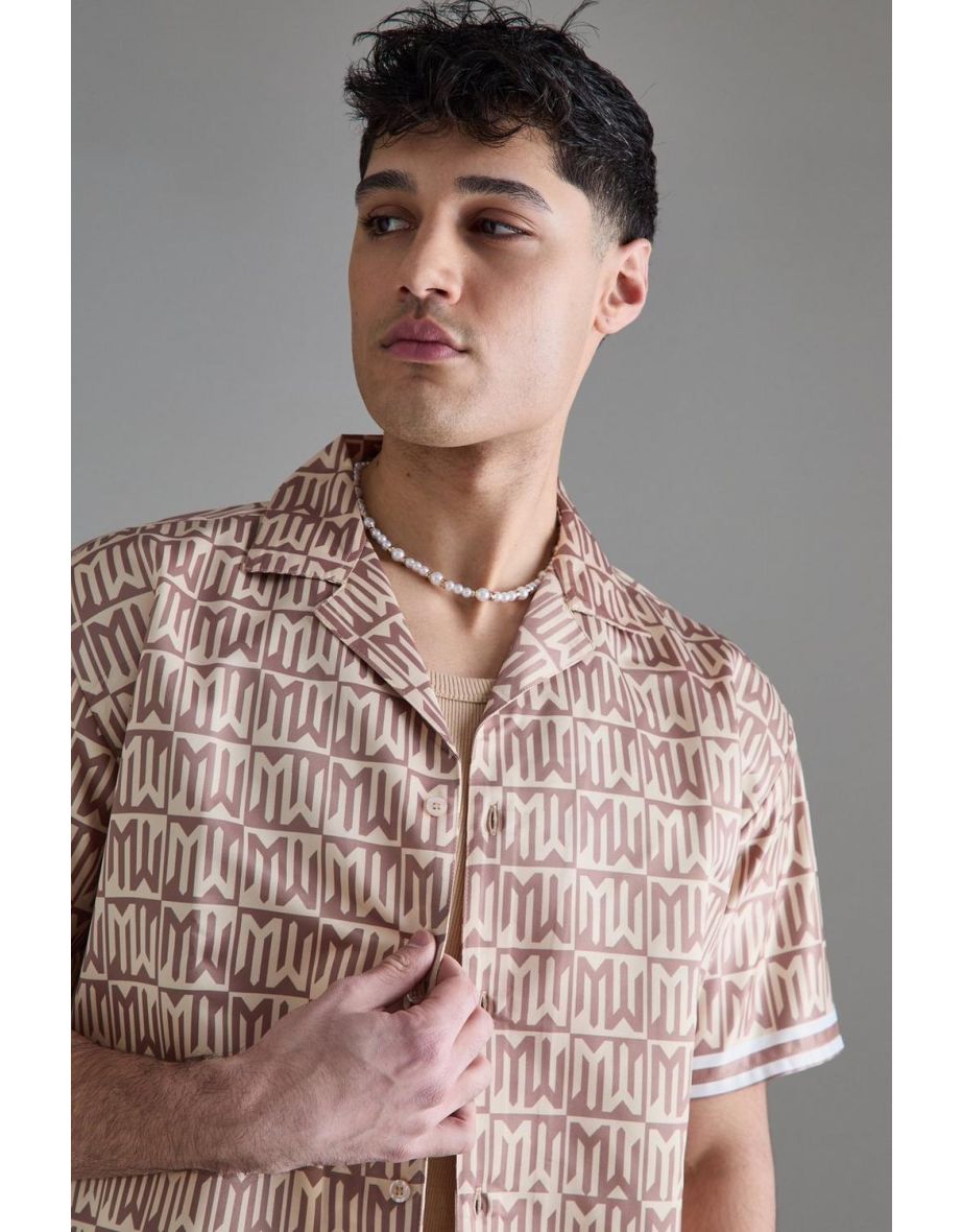 Oversized Short Sleeve Monogram Satin Shirt - brown - 2