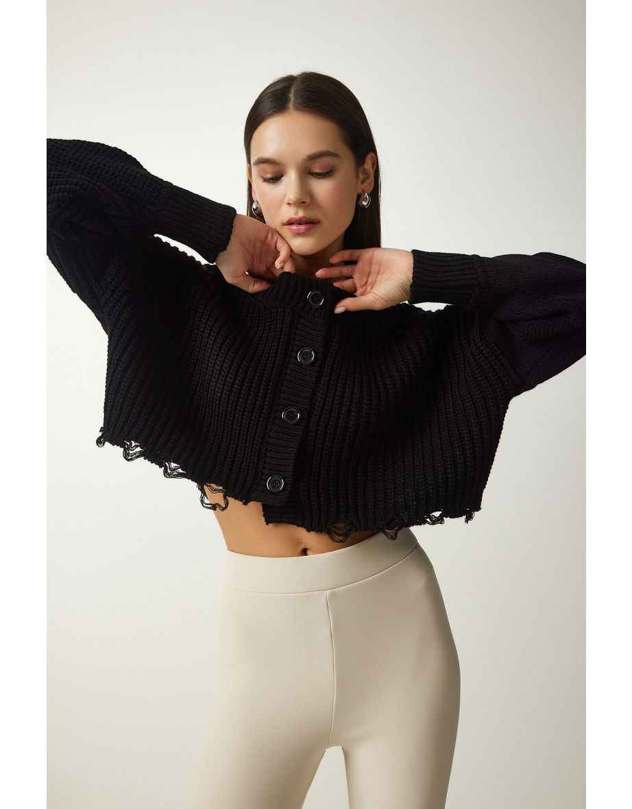 Women's Black Ripped Detailed Buttoned Crop Knitwear Cardigan