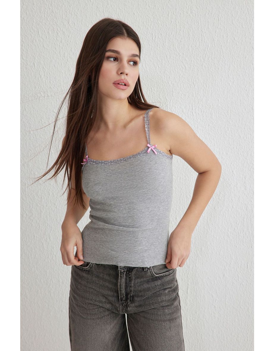 Grey Melange Fitted/Bow Detailed Stretch Knitted Undershirt