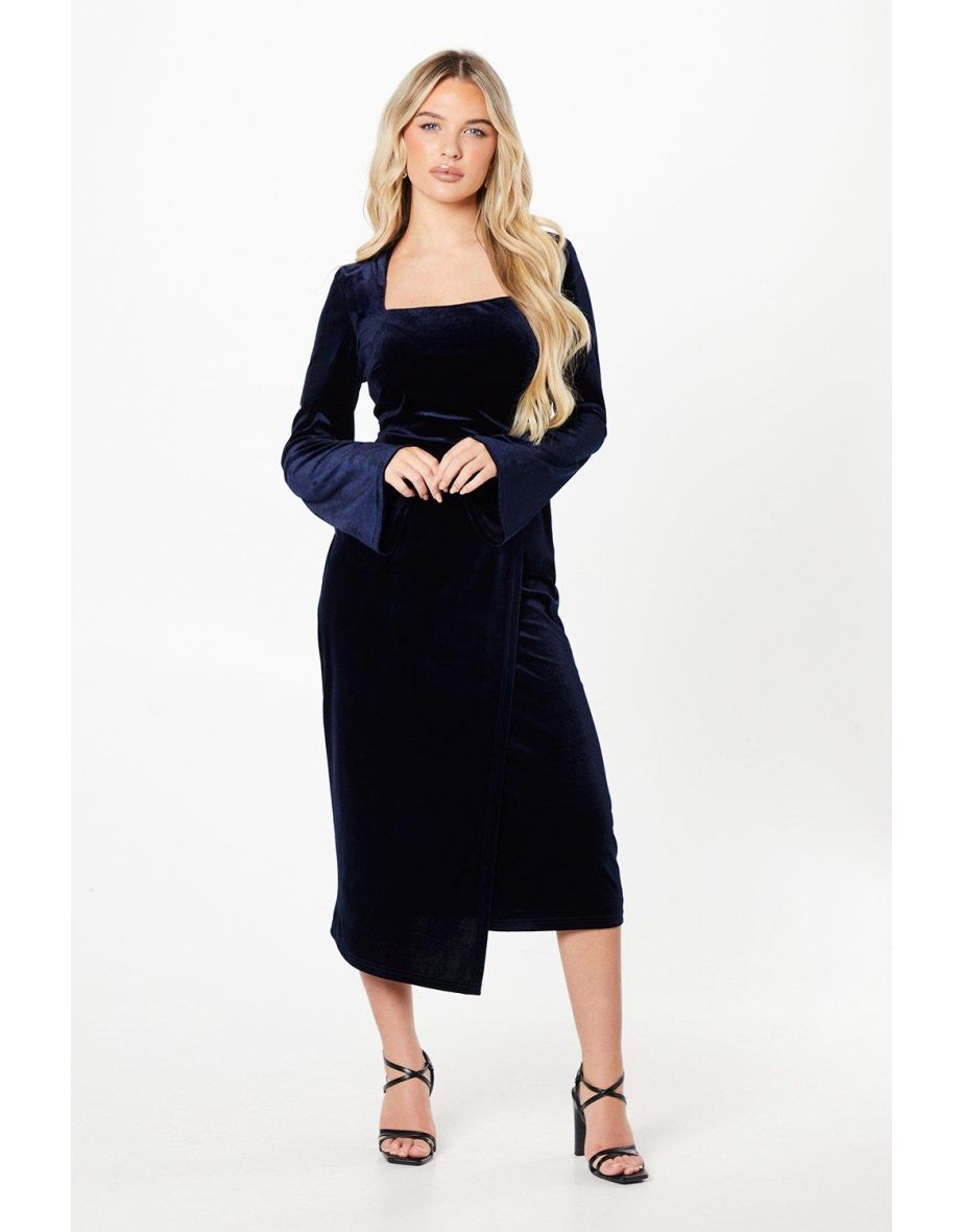 Petite Velvet Square Neck Long Sleeve Pencil Dress