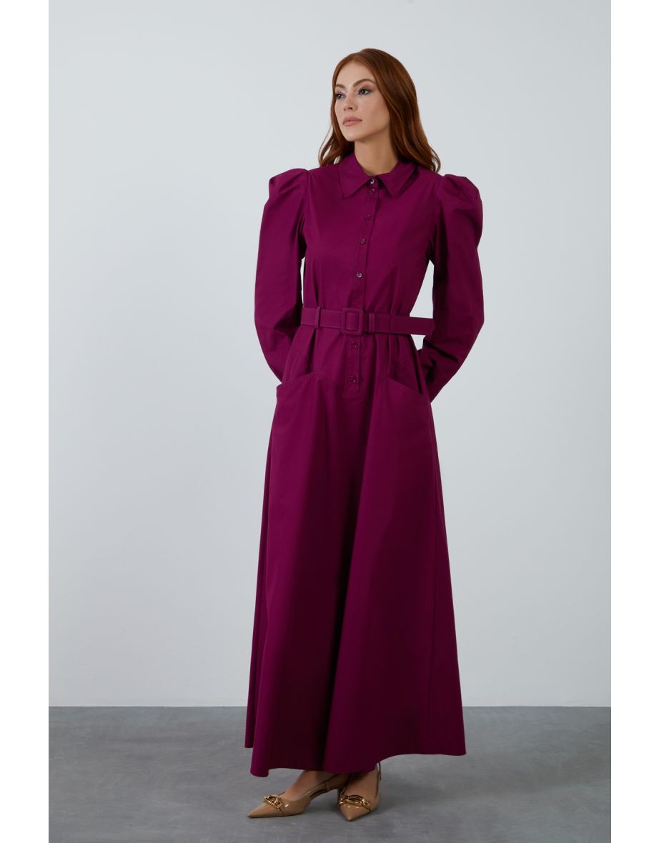 Belt-Detailed Pocketed Long Burgundy Dress