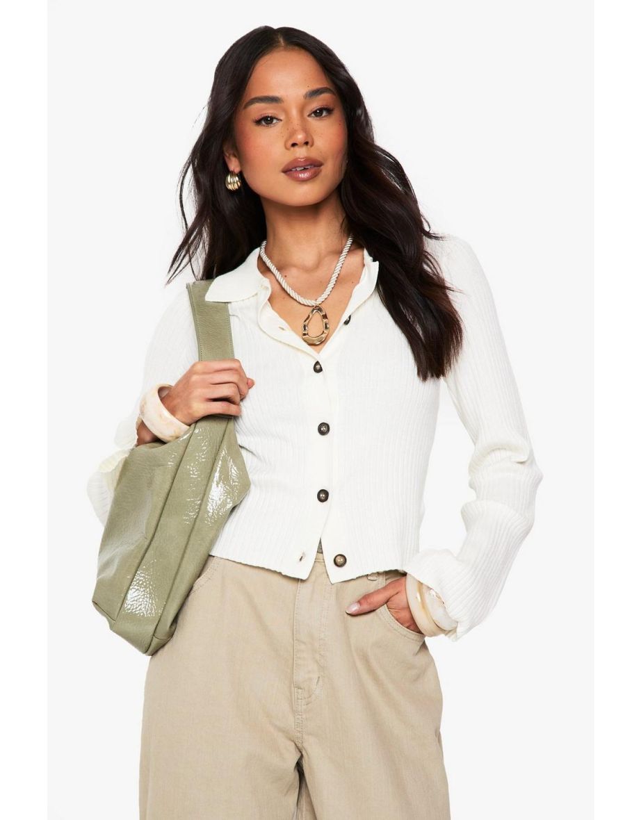 Lightweight Collared Rib Knit Cardigan - cream
