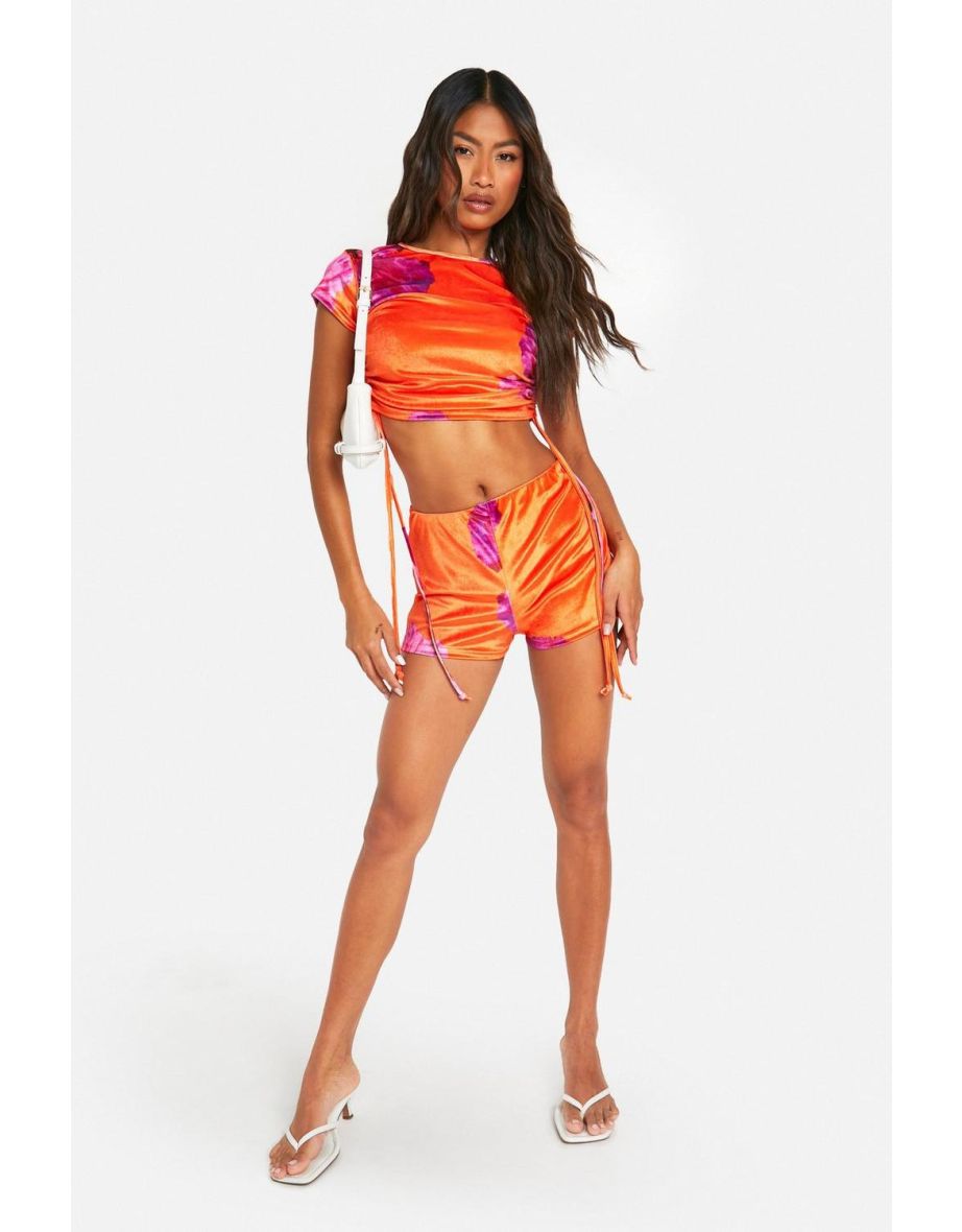 Velvet Floral Printed Booty Short - orange