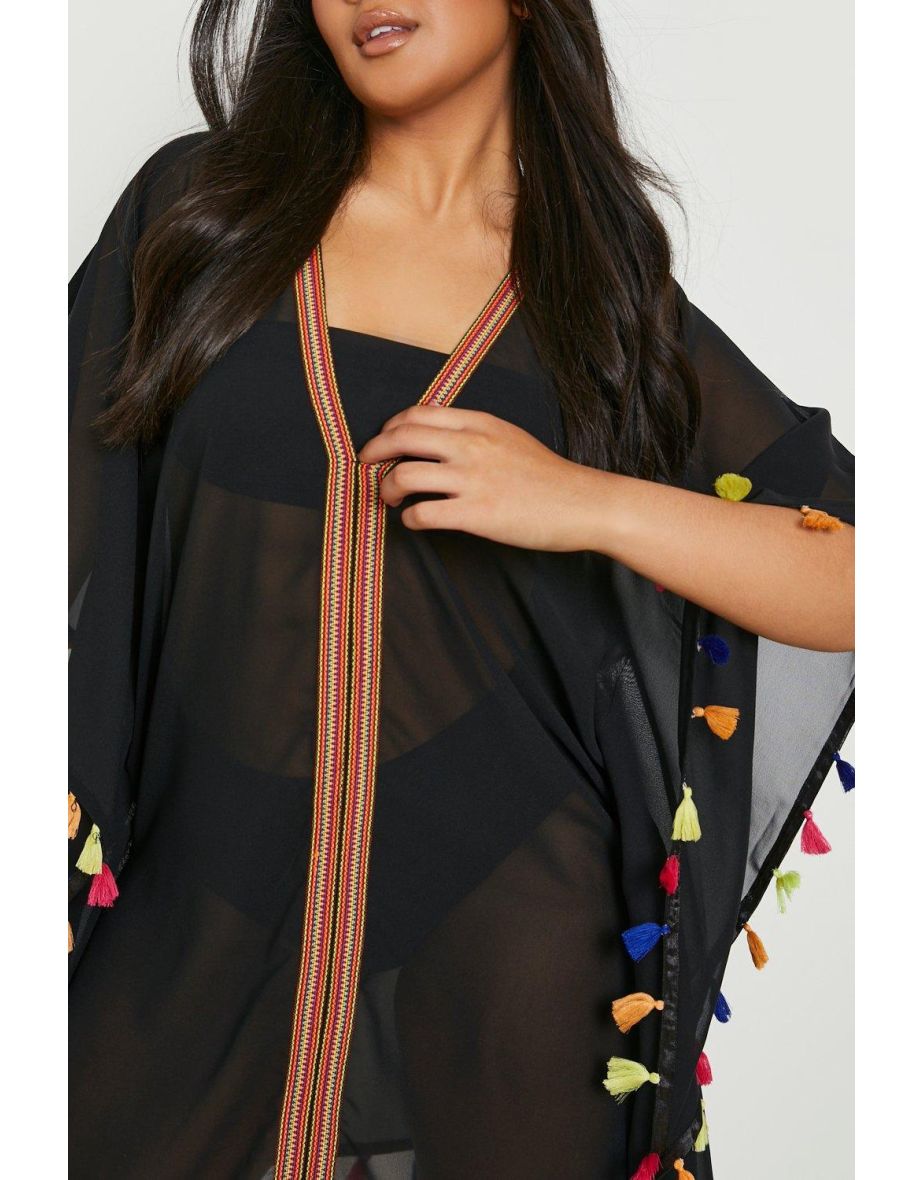 Plus Pom Pom Kimono Beach Cover Up - black - 2