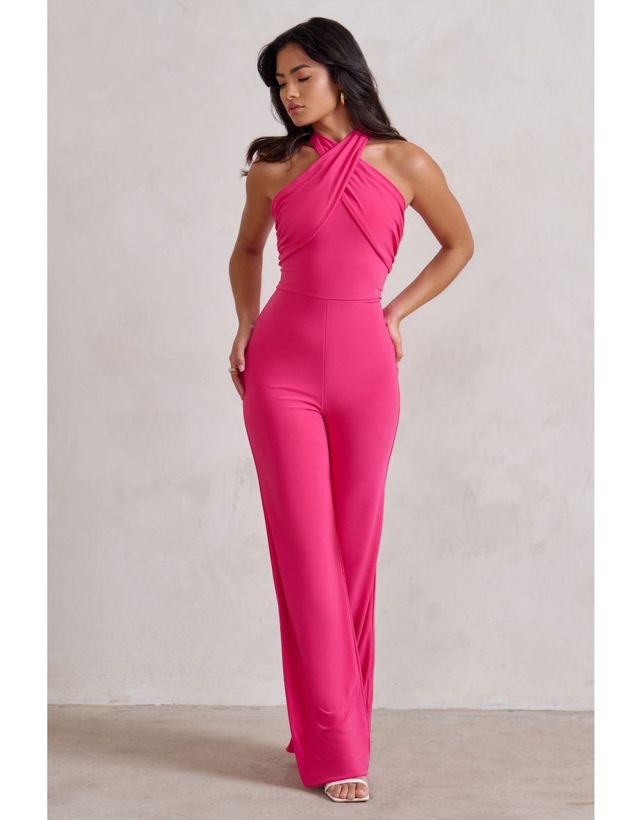 Goddess | Hot Pink Halter Neck Flare Jumpsuit - 4