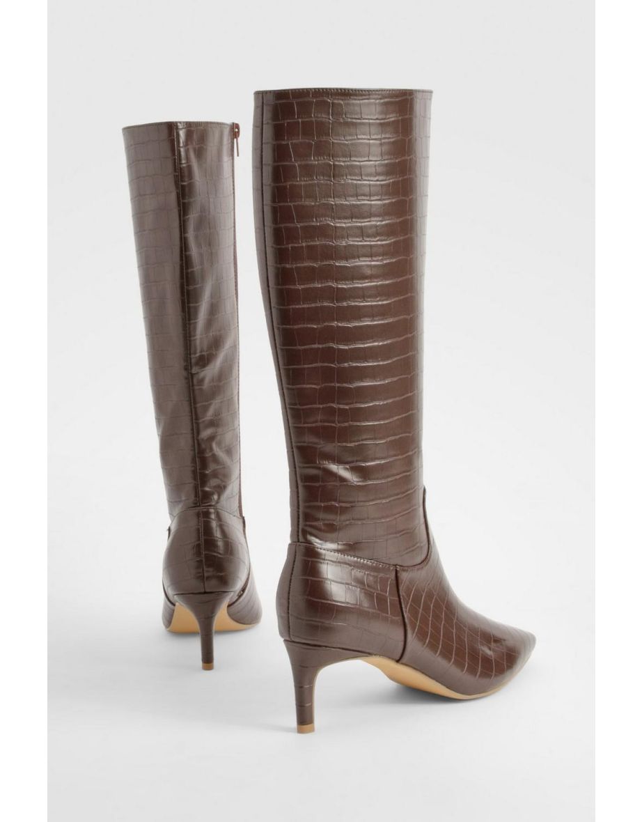 Wide Fit Croc Knee High Low Heeled Boots - chocolate - 3