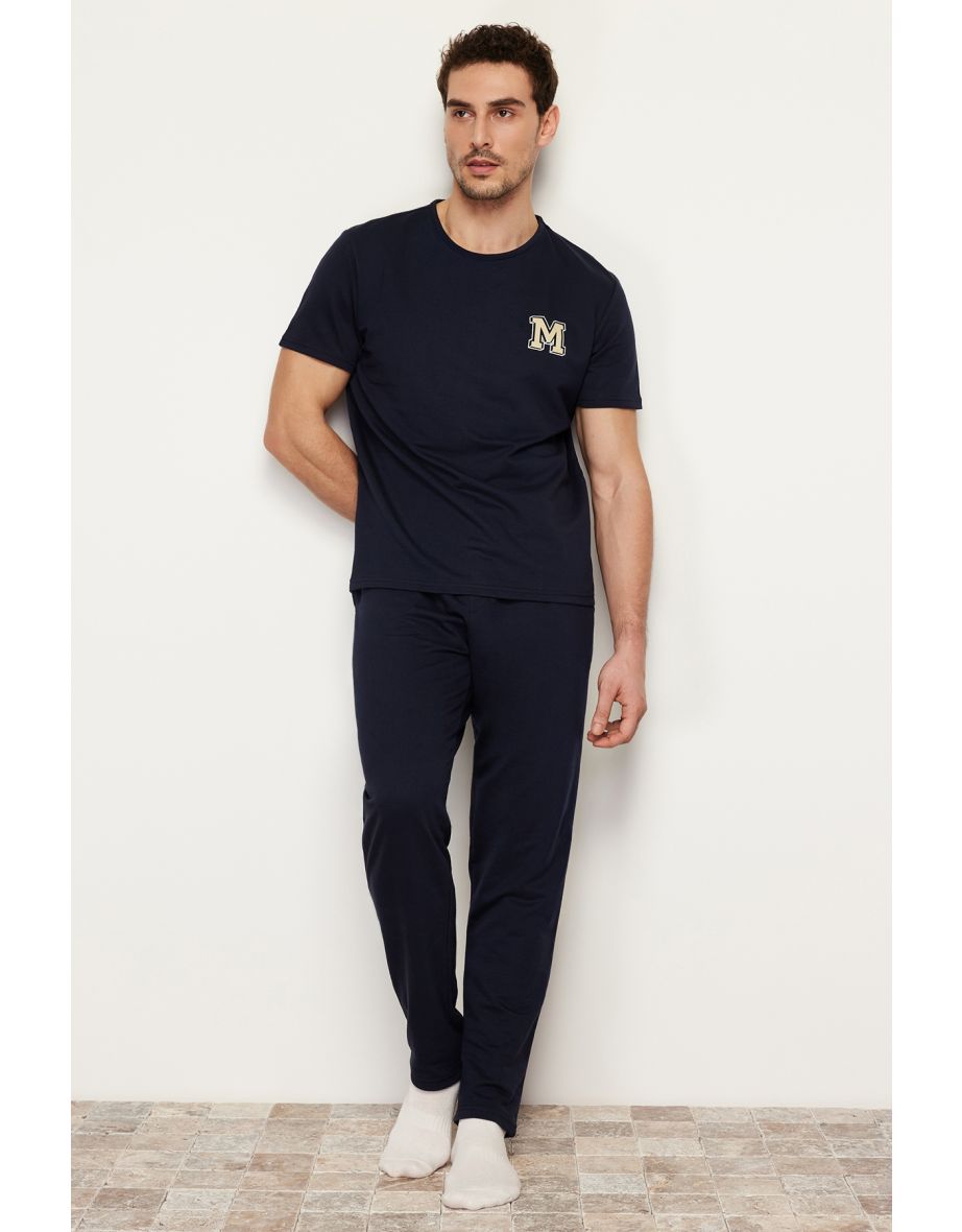 Men's Navy Blue Short Sleeve Printed Regular Fit Pajama Set - 7