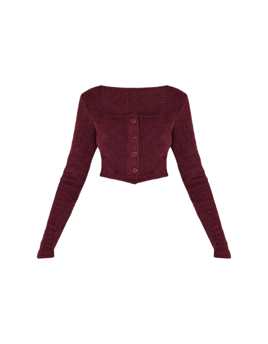 Burgundy Textured Soft Rib Square Neck Button Crop Top - 4
