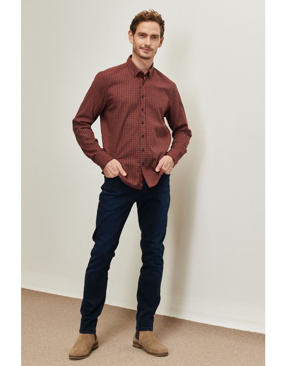 Men's Anthracite-red Slim Fit Narrow Cut Button Collar Flannel Shirt
