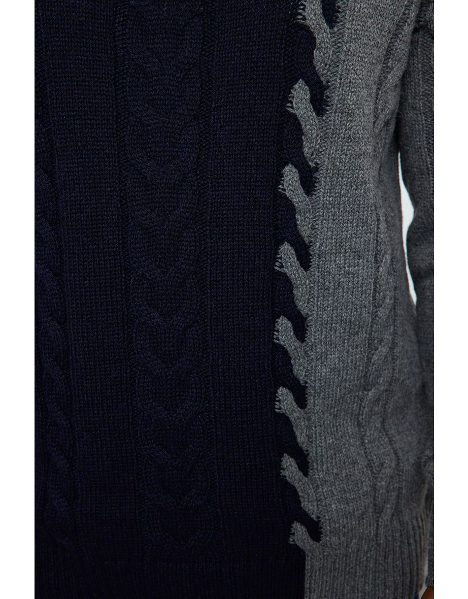 Navy Blue FL Men's Slim Crew Neck Color Block Knitwear Plus Size Sweater - 4