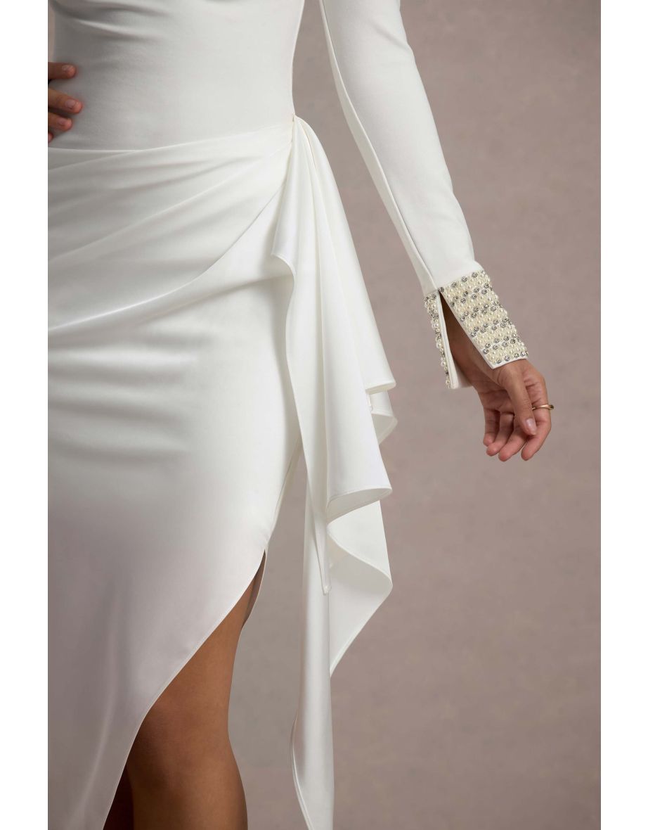 Luanna | Ecru Satin Long-Sleeve Midi Dress With Draped Skirt - 5