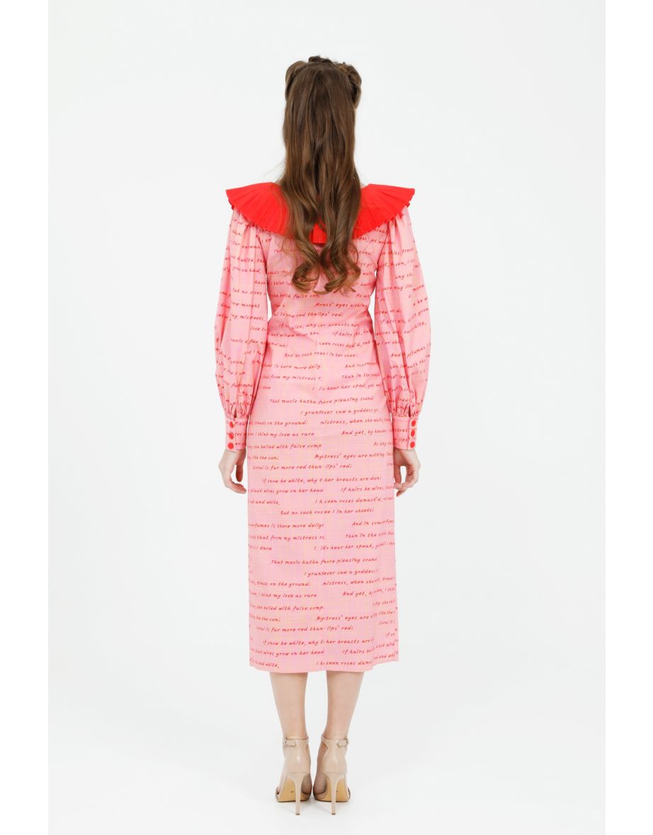 Midi Length Pink Poplin Dress With V-Neck Lettering Pattern - 4