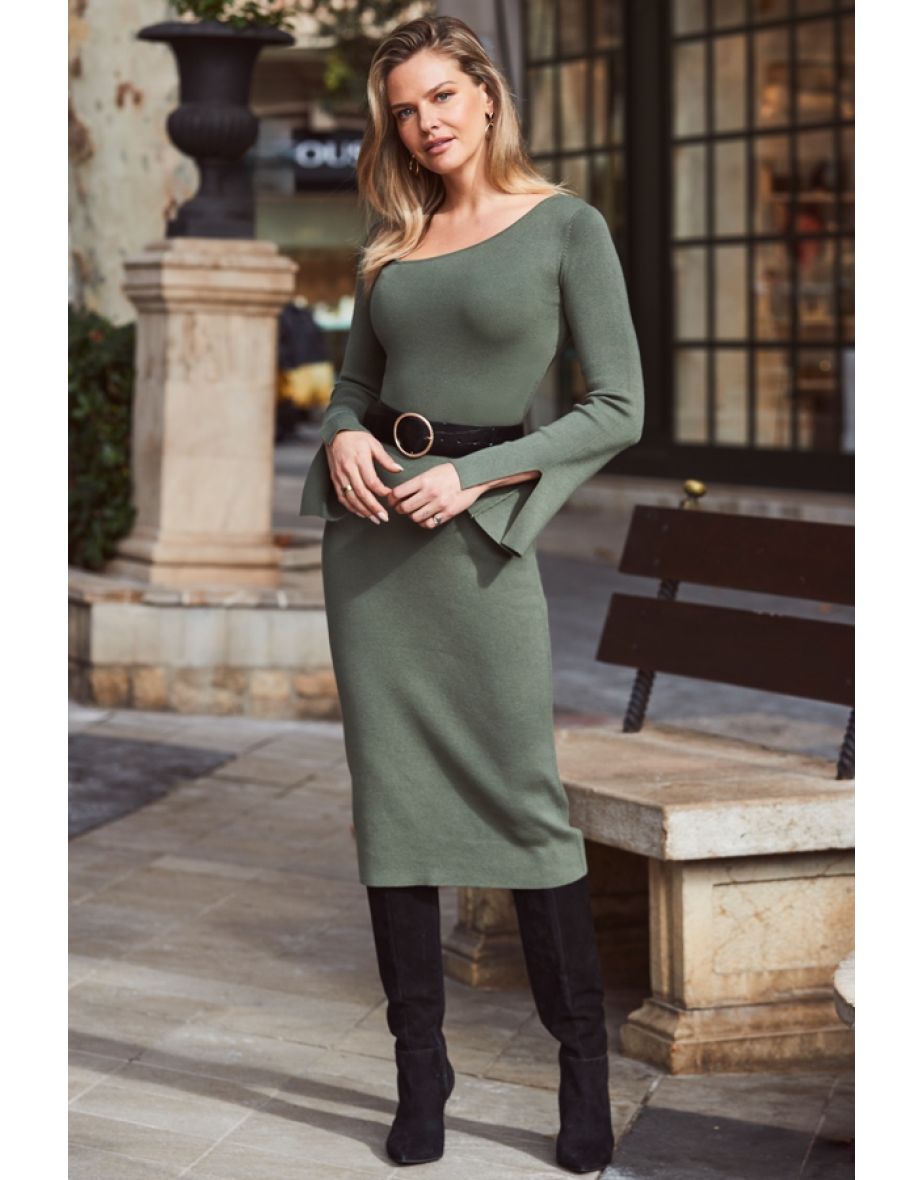 Khaki Green Asymmetric Neckline Rib Knit Dress