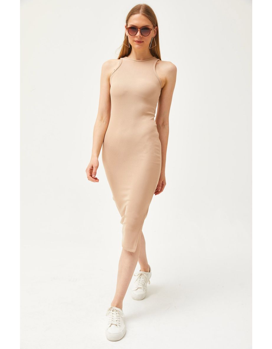 Women's Camel Halter Neck Lycra Slim Ribbed Slit Ottoman Dress
