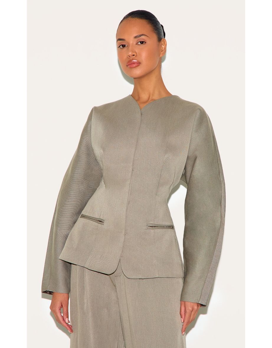 Grey Premium Woven Tailored Collarless Blazer