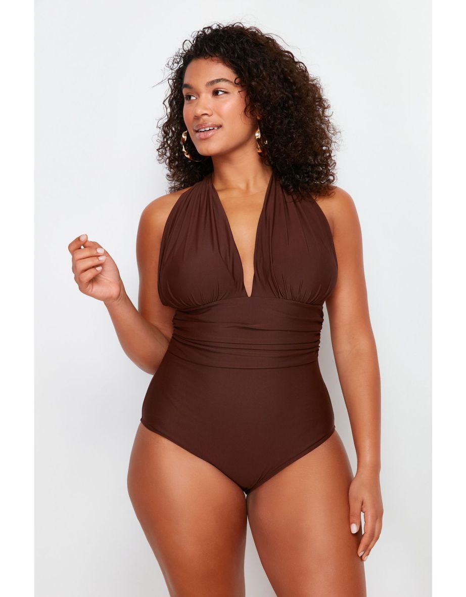 Brown Deep V Back Crossover Swimsuit