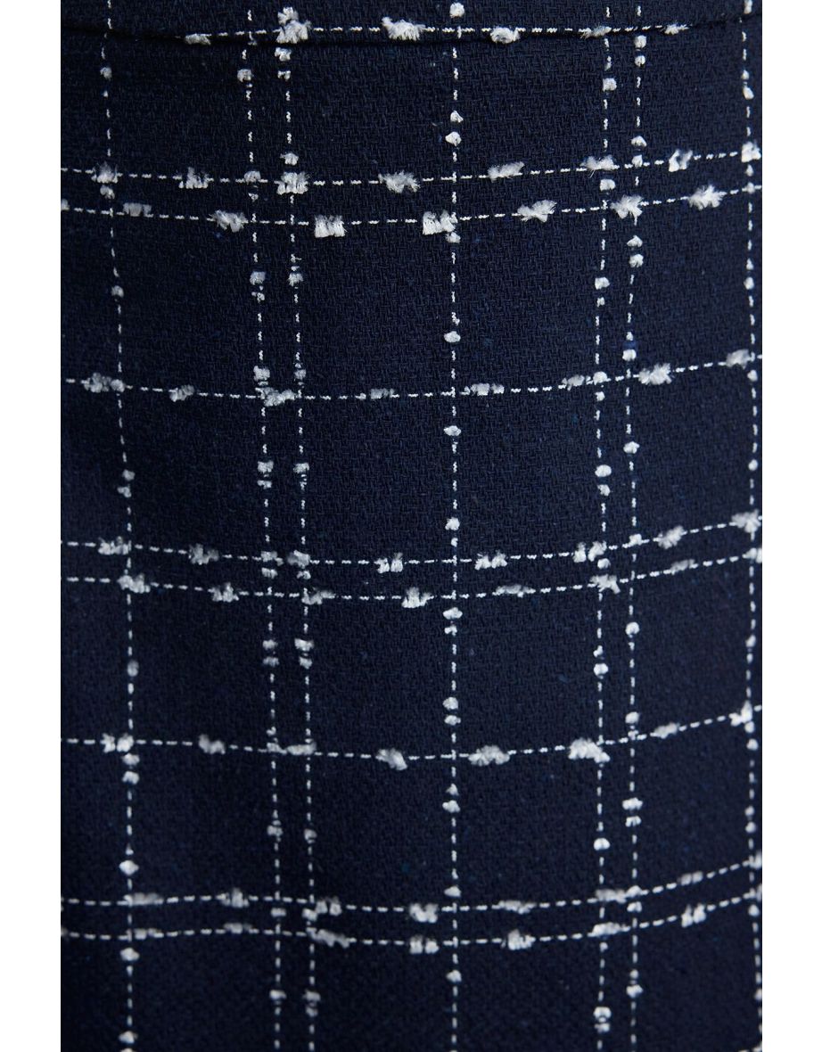 Navy Blue Plaid Tweed Fabric Mini Woven Skirt - 4