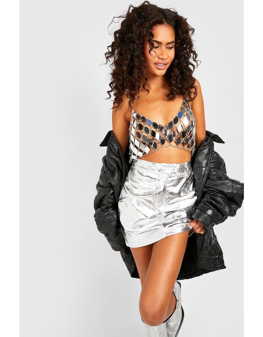 Metallic Leather Look Micro Mini Skirt - silver