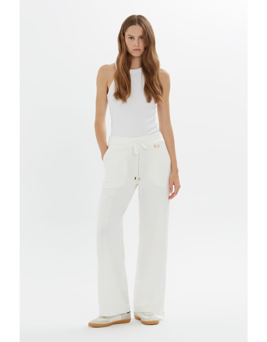 Tie-Waist Straight-Leg Off-White Sweatpants