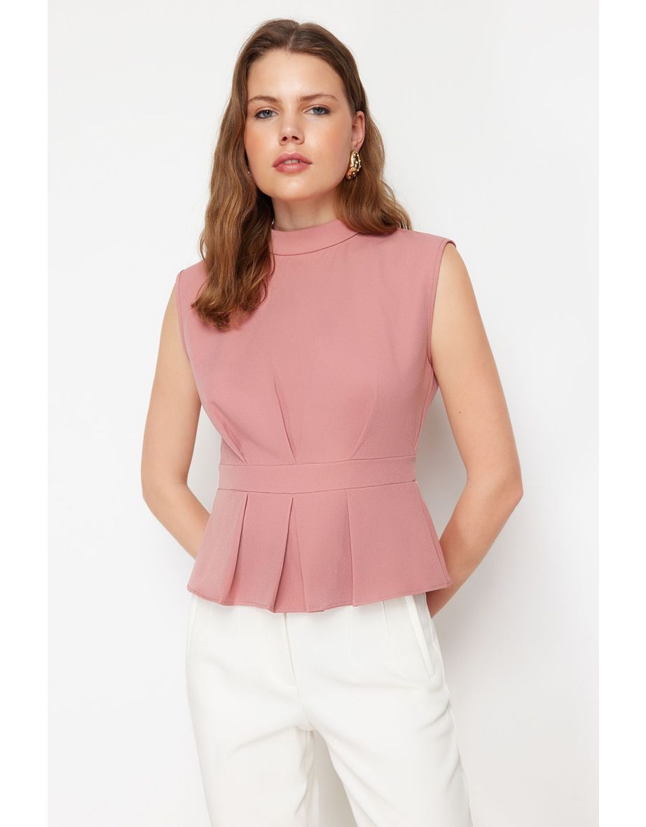 Pale Pink Woven Crew Neck Sleeveless Blouse