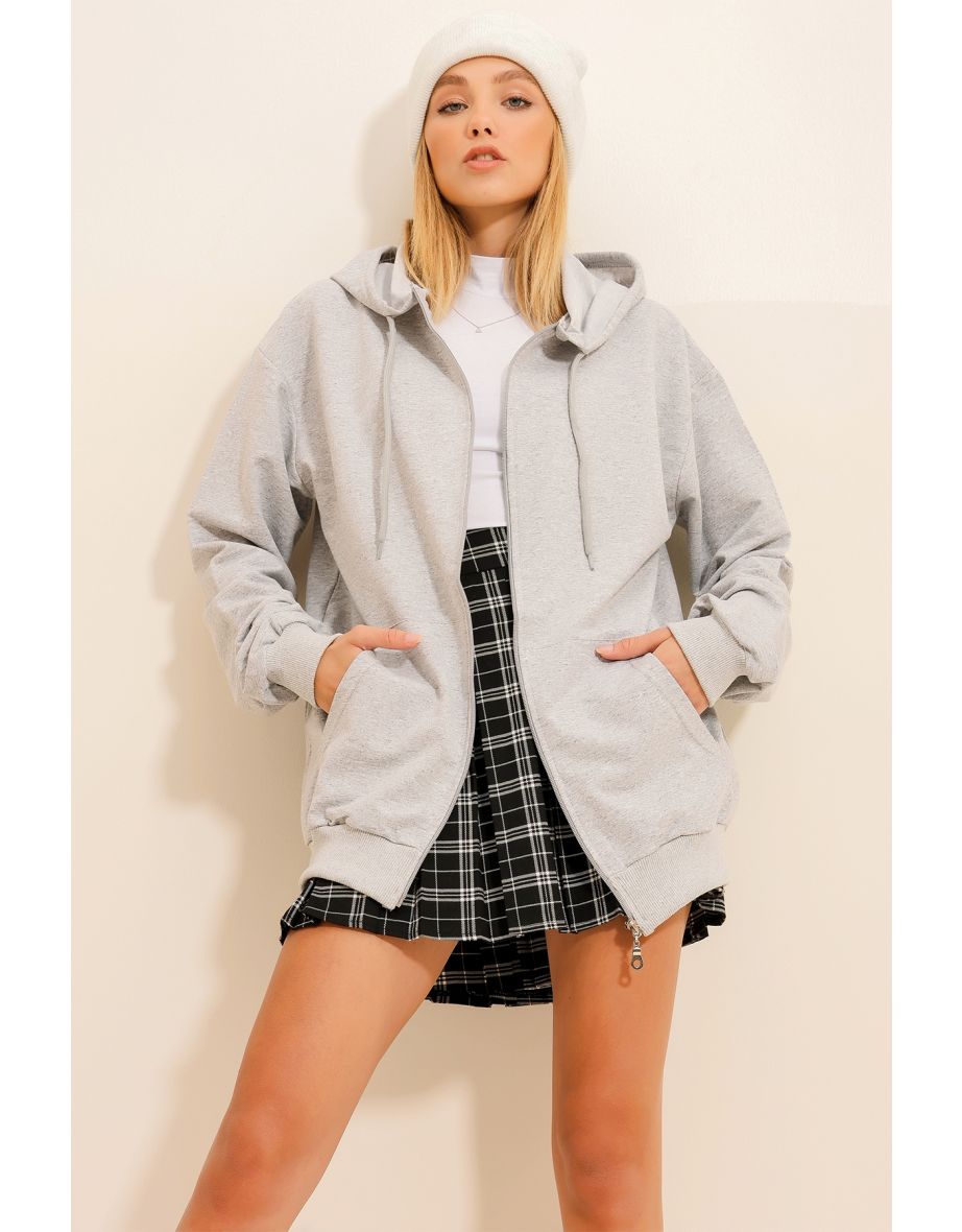 Women's Gray Hooded Seasonal Hoodie with Two Pockets and Zipper