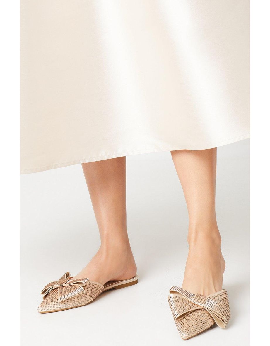 Kasha Satin Diamante Bow Flat Pointed Mule Pumps