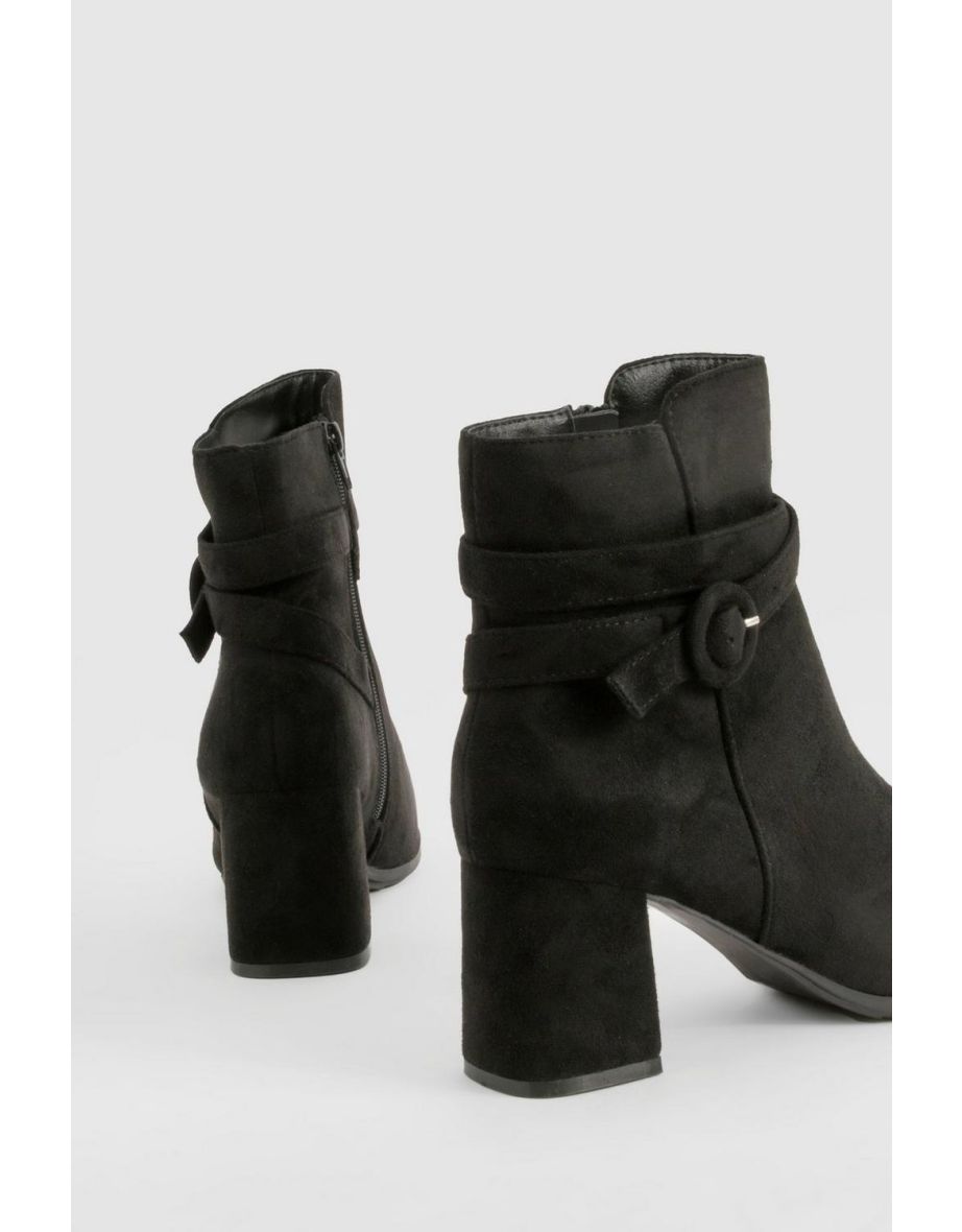 Buckle Detail Faux Suede Block Heel Ankle Boots - black - 3