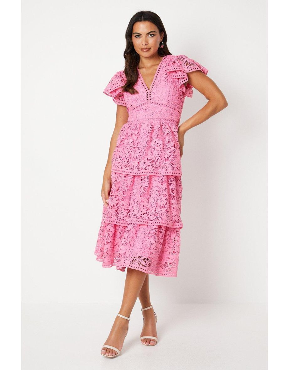 Tiered Lace Trim Detail Midi Dress