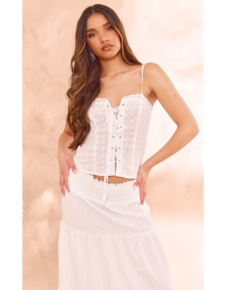 White Broderie Lace Up Front Longline Corset