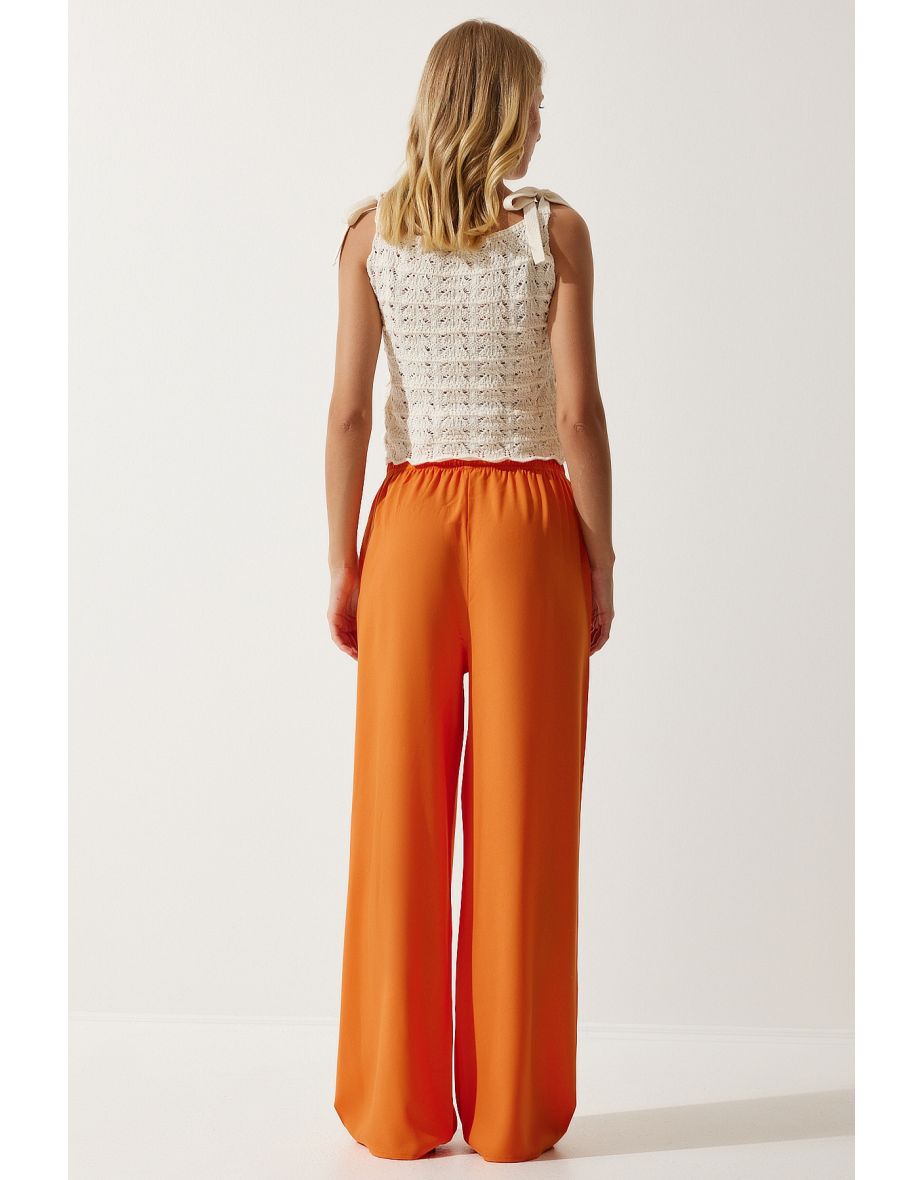 Women's Orange Flowy Knitted Palazzo Trousers - 5