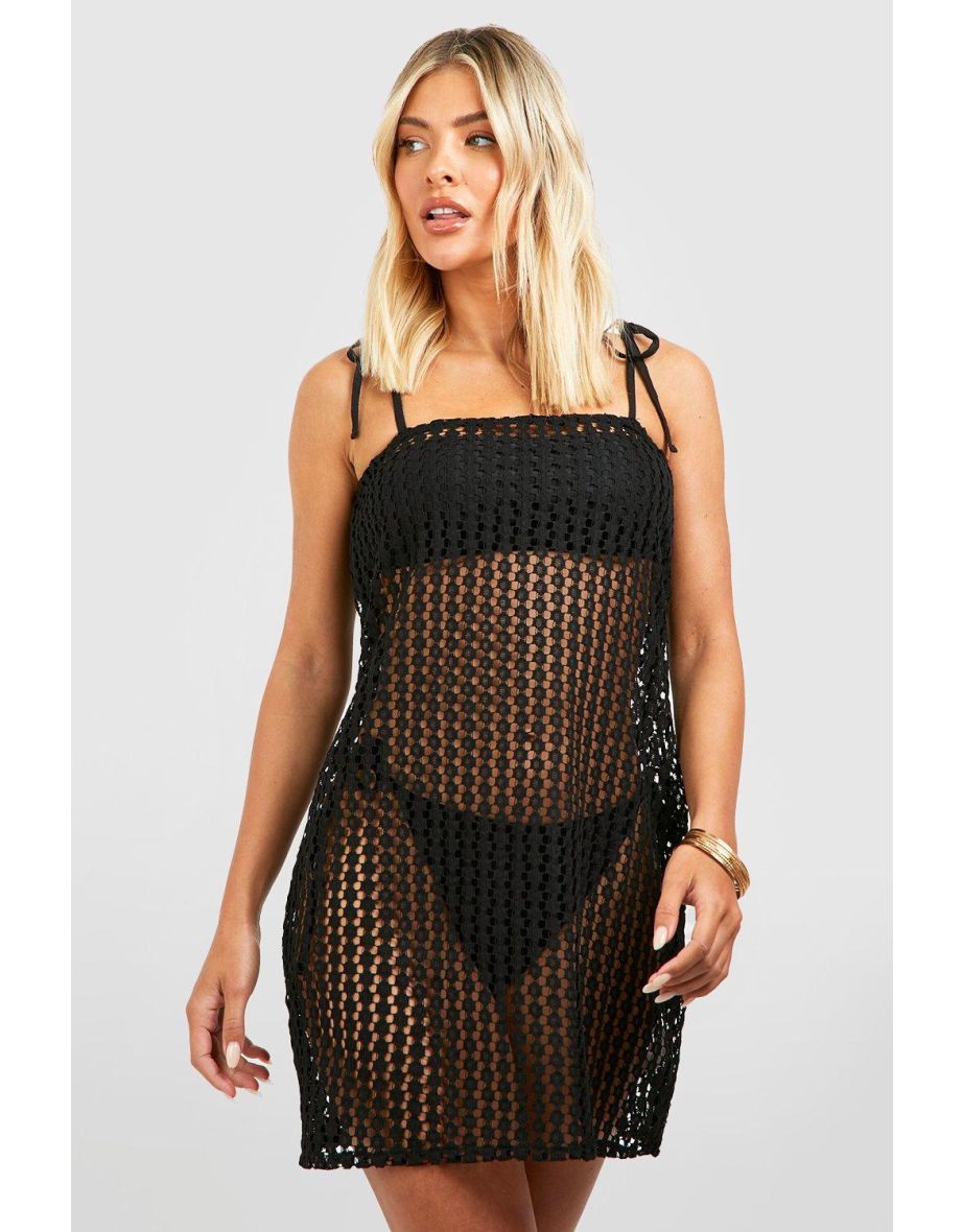 Lace Tie Mini Swing Beach Dress - black