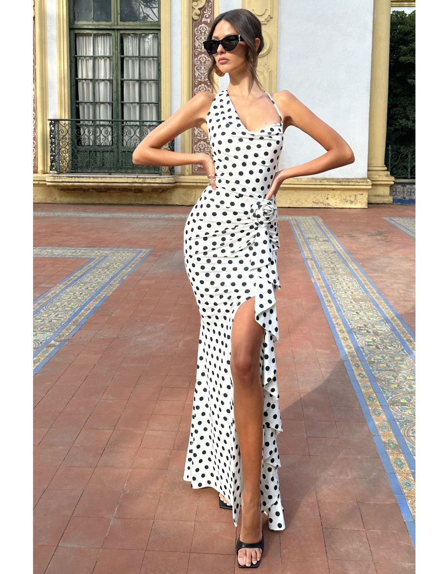 Shop Lucena White Polka Dot Cowl Neck Wrap Maxi Dress With Floral Drape Online in Qatar VogaCloset