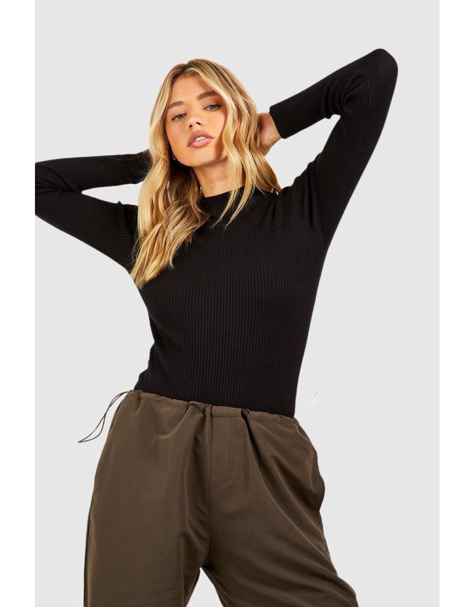 Rib Knit Turtle Neck Top - black - 3