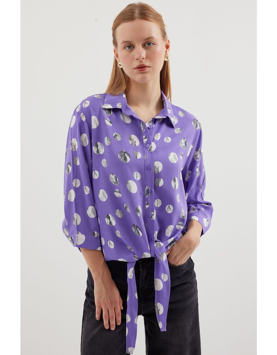 Tie Front Patterned Shirt - Lilac - 4