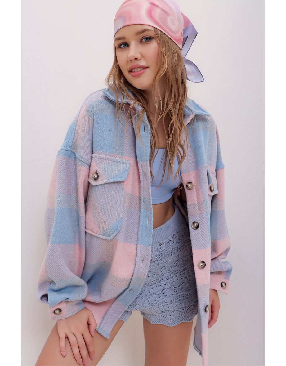 Women's Powder Checkered Patterned Stamped Cotton Oversized Jacket Shirt