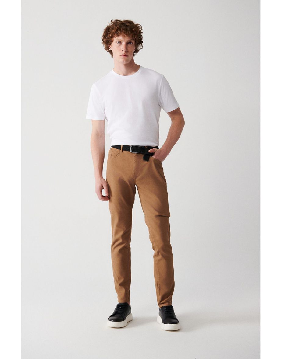 Men's Camel Dobby Flexible 5 Pockets Slim Fit Slim Fit Canvas Trousers