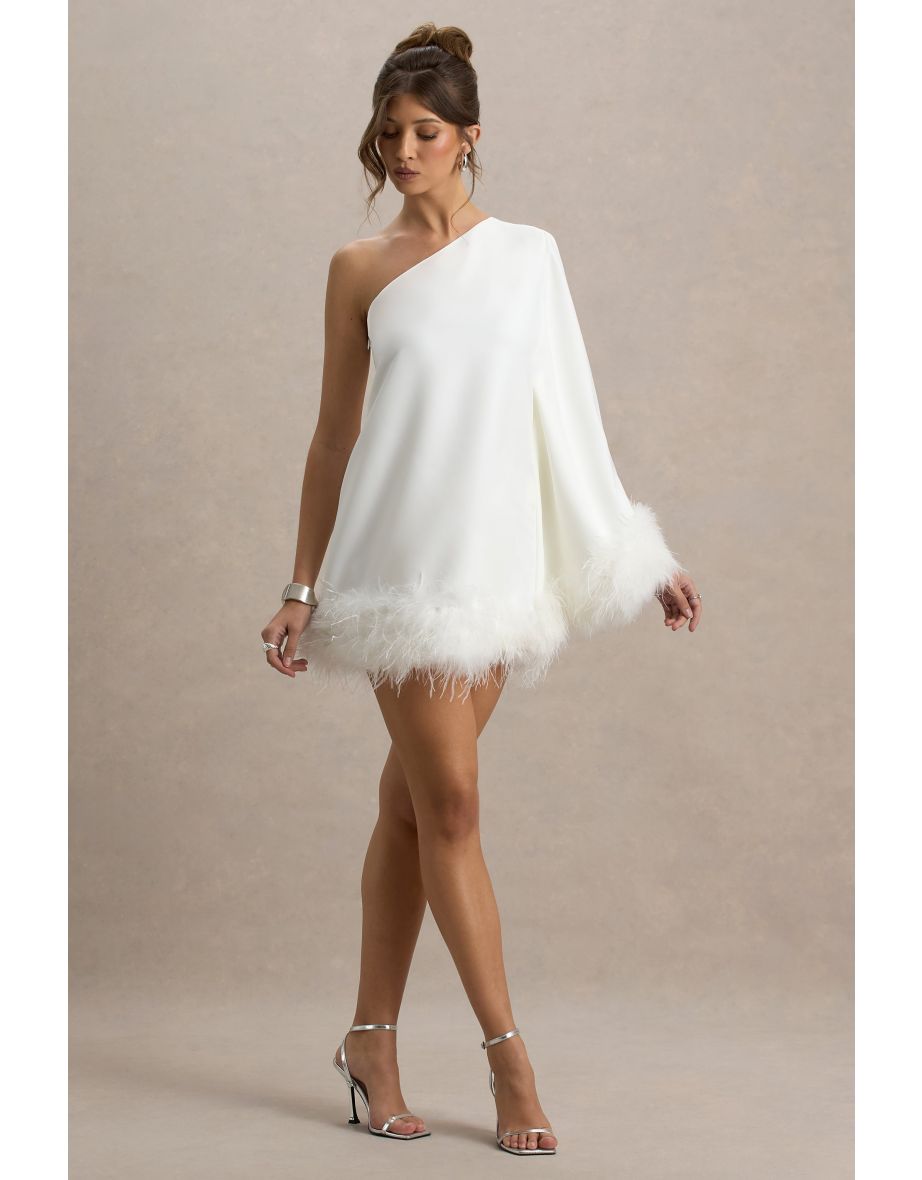 Epiphany | White Asymmetric Cape Sleeve Mini Dress With Feathers