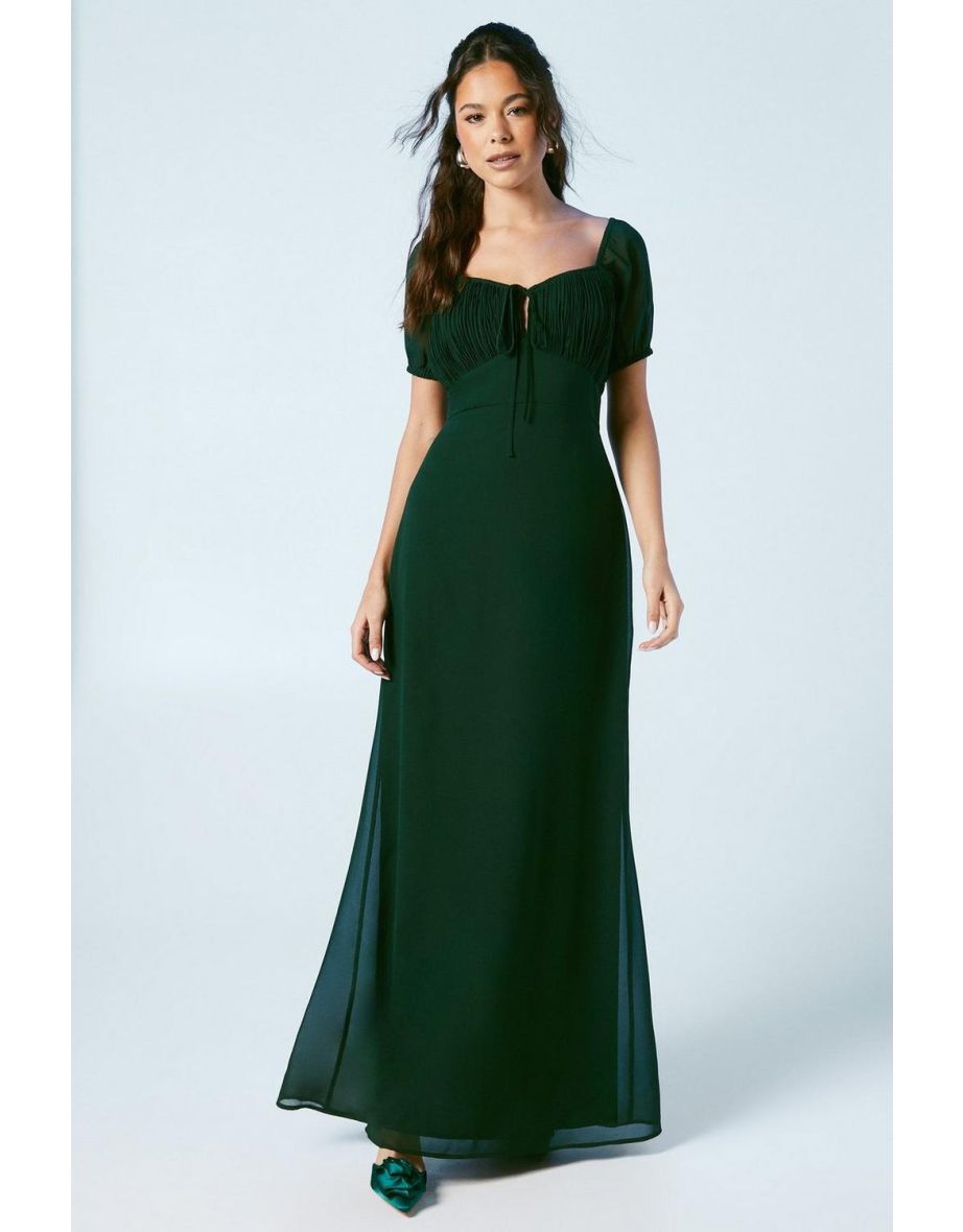 Ruched Bodice Puff Sleeve Chiffon Floor Length Bridesmaids Dress