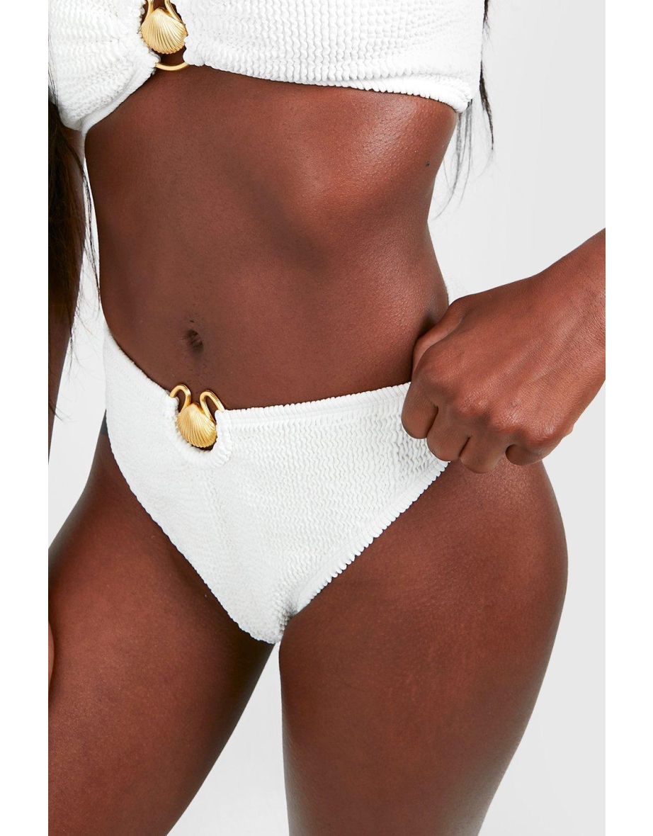 Shell Trim Crinkle High Waist Bikini Brief - white - 3