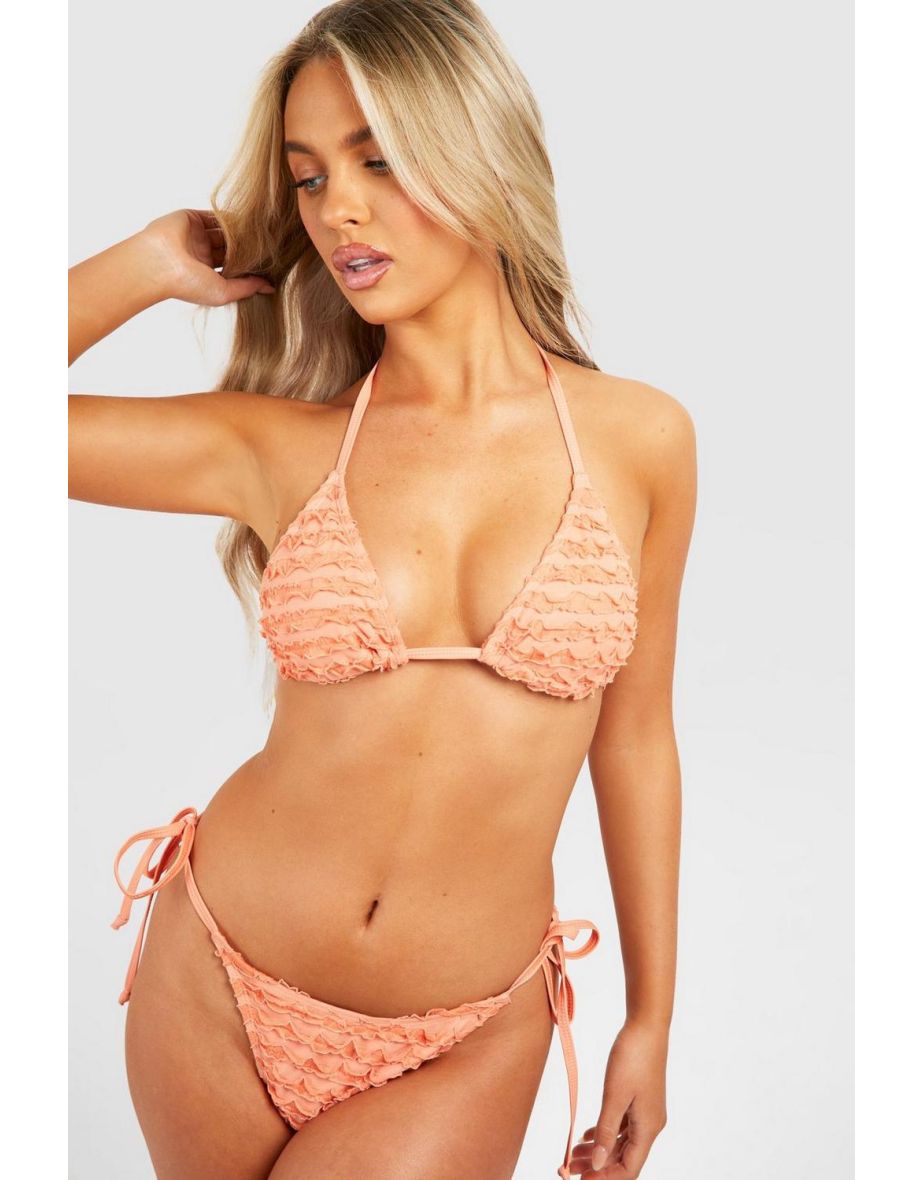Textured Ruffle Triangle Bikini Top - peach