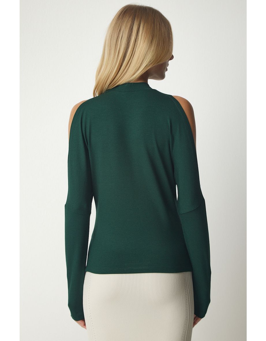 Women's Emerald Green Stand-Up Collar Knitwear Blouse with Decollete - 4
