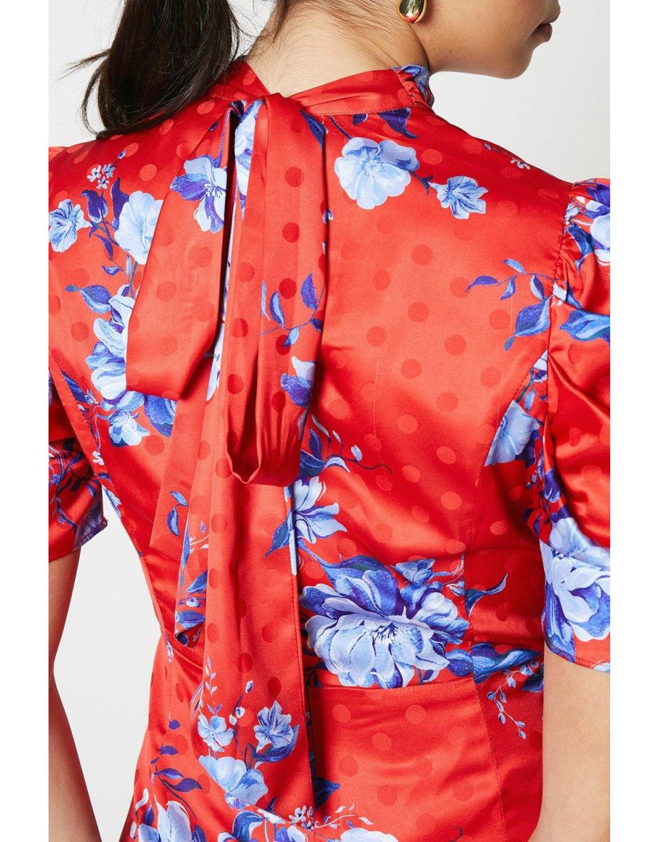 High Neck Puff Sleeve Midi Dress - 3
