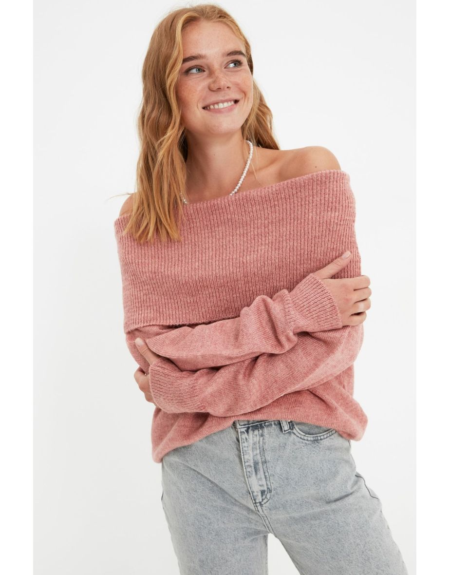 Dried Rose Soft Textured Carmen Collar Knitwear Sweater