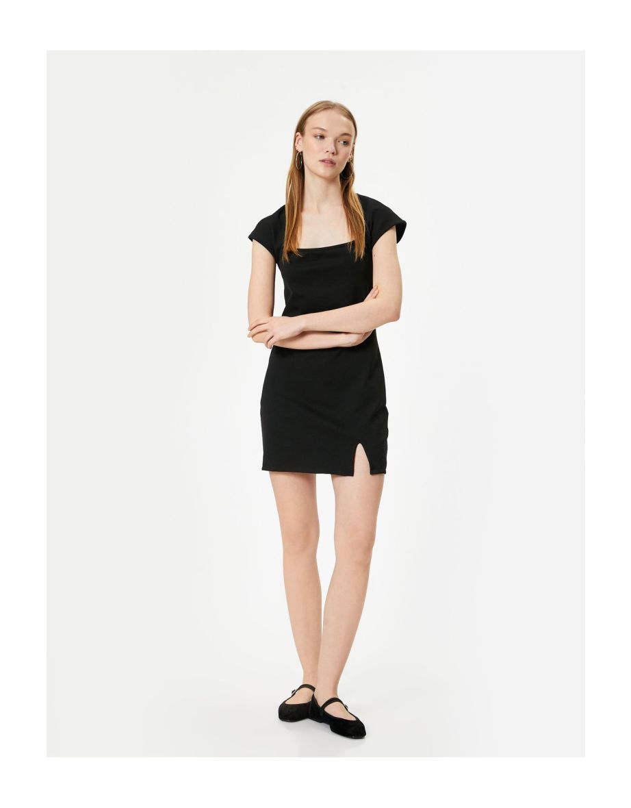 Short Sleeve Mini Dress with Slit Detail Square Neck