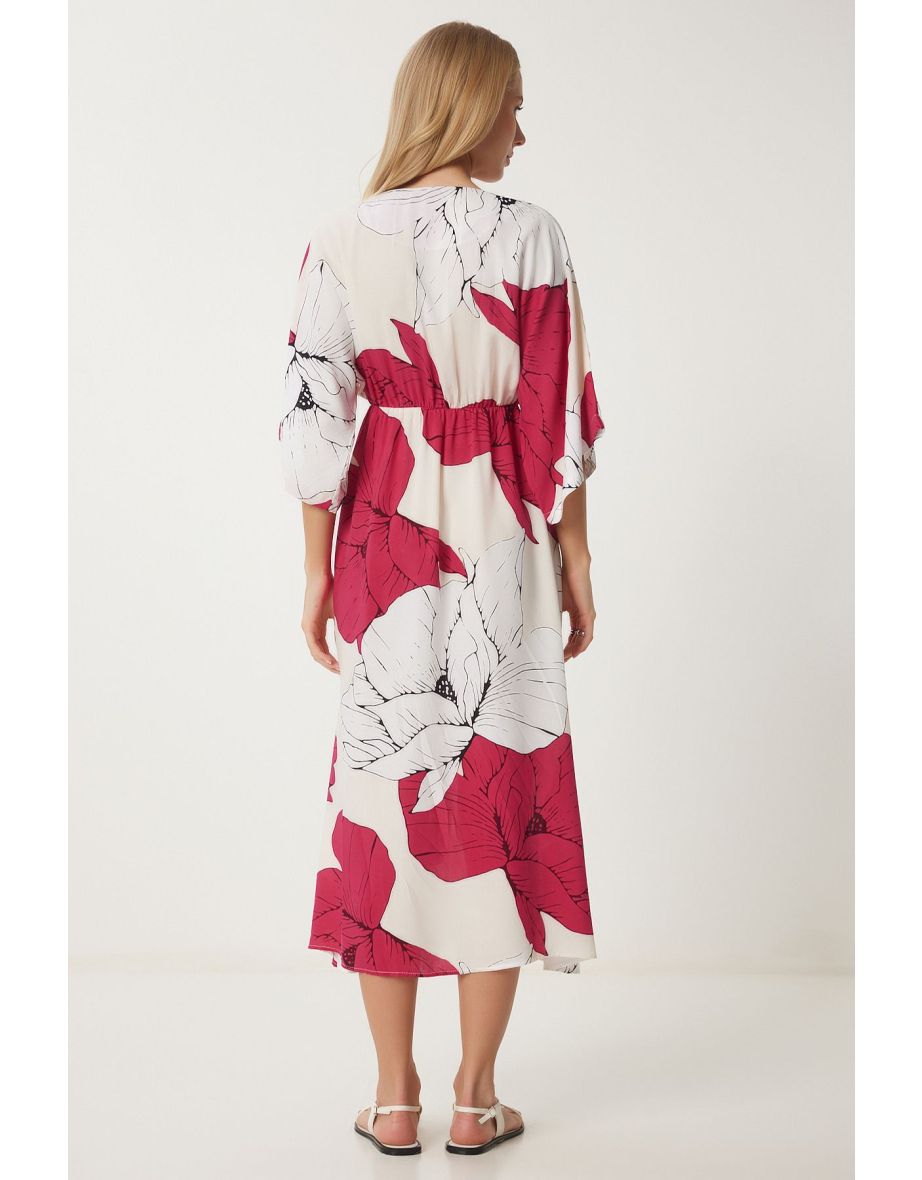 Women's Dark Pink White Wrap Collar Patterned Summer Viscose Dress - 6
