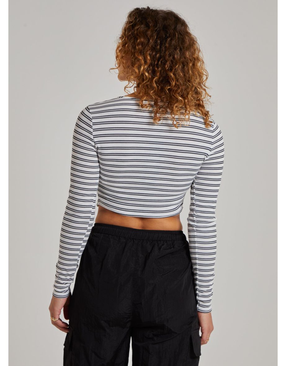 Striped Tie Front Ribbed Crop Top - 3